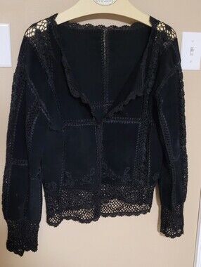 Vintage Suede Black Crochet Trim Jacket